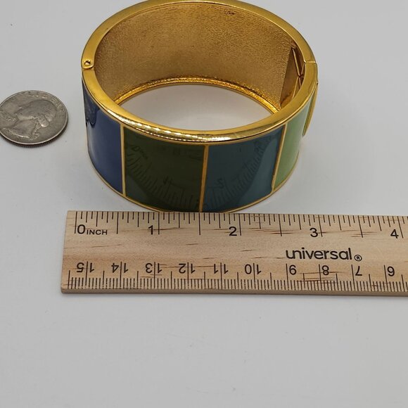 Green/Blue Enamel Gold Tone Chunky Bangle Cuff Bracelet Boho Cottage Cabincore - Picture 6 of 14
